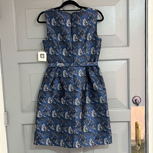 Ann Taylor Dead stock Blue Jacquard Satin Belted Sleeveless 50’s Style Cocktail - Picture 3 of 9
